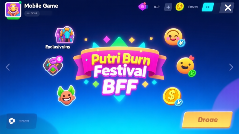 自动生成图片: A vibrant and inviting mobile game event screen, showing a central banner titled 'Putri Burn Festival BFF' in festive font, surrounded by icons for exclusive skins, emotes, and currency. Soft glowing effects, a clean HUD interface, on a dark blue gradient background, digital art style high quality illustration, detailed, 16:9