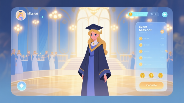 自动生成图片: A serene, elegant game interface mockup showing a fantasy princess character in a graduation gown, standing before a grand ballroom. Soft glowing lights, a minimalist HUD displaying event mission list and currency, pastel color palette of blues and golds, clean digital illustration style high quality illustration, detailed, 16:9