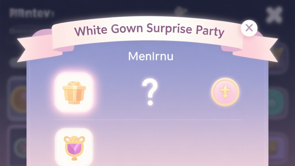 A minimalist, elegant game interface mockup showing a partial event menu with a "White Gown Surprise Party" banner, soft glowing rewards icons, and a subtle question mark hinting at hidden content, pastel color scheme, clean digital illustration high quality illustration, detailed, 16:9