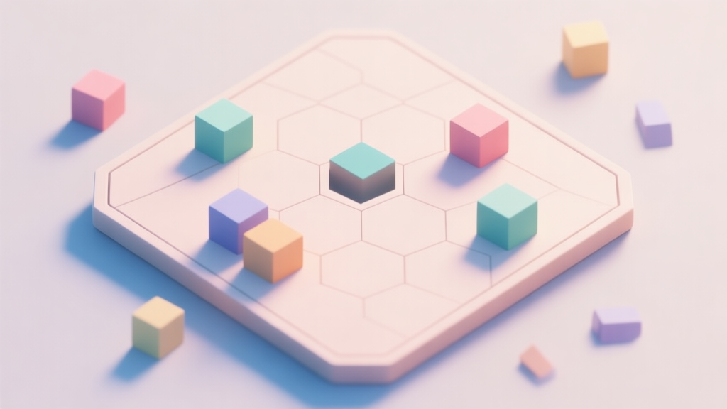 A top-down view of a minimalist hexagon game board with a few scattered colorful geometric blocks, soft pastel colors, clean lines, conveying a sense of a puzzle about to be solved high quality illustration, detailed, 16:9