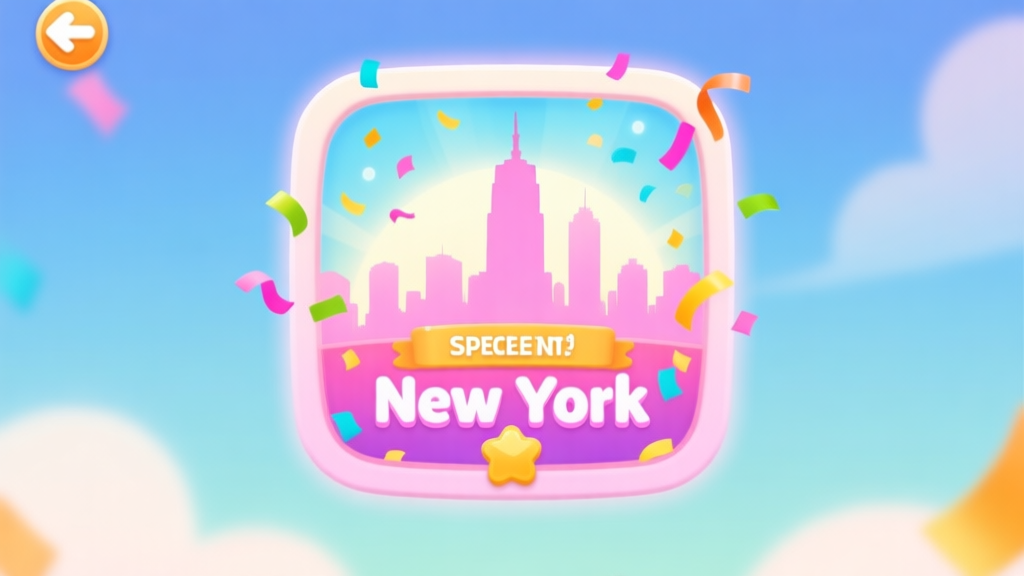 A vibrant, inviting mobile game interface showing a special event icon with confetti and a New York skyline silhouette, soft glow effects, pastel color palette, clean and cheerful design high quality illustration, detailed, 16:9