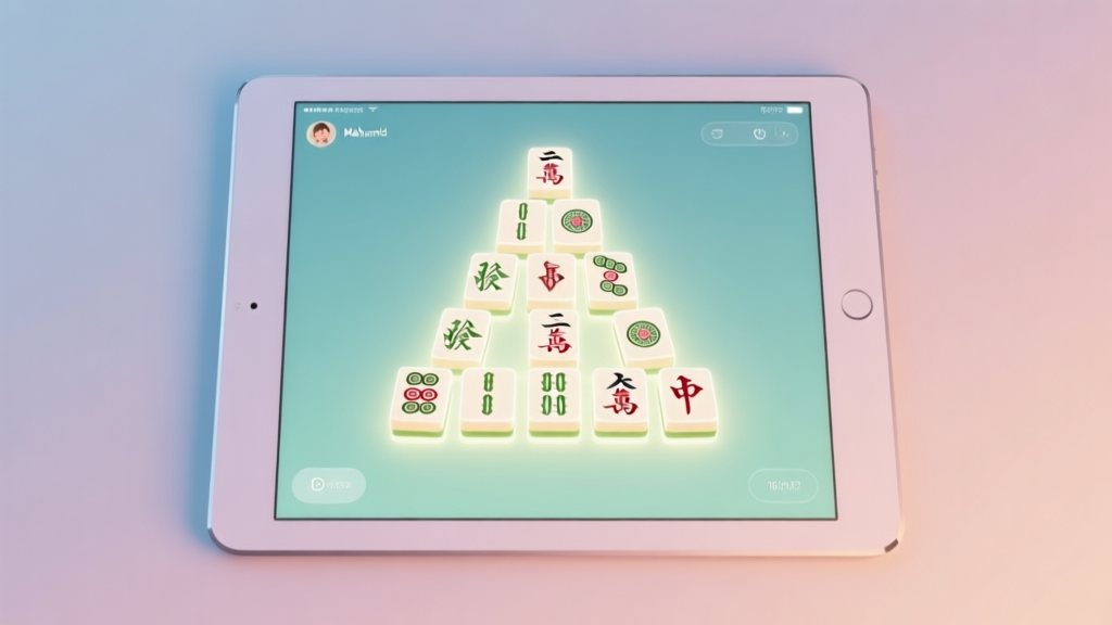 A top-down view of a digital Mahjong Pyramid layout on a tablet screen, soft glowing tiles arranged in a triangular shape, clean and inviting interface, pastel background high quality illustration, detailed, 16:9