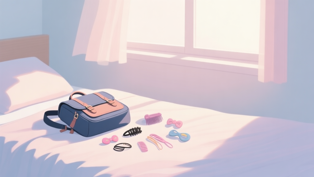 A serene morning scene with a school bag and hair accessories neatly arranged on a bed, soft natural lighting from a window, pastel color palette, minimalist and relatable composition high quality illustration, detailed, 16:9
