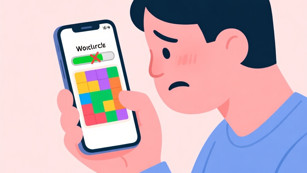 A frustrated person looking at a mobile phone screen showing a colorful word puzzle game, with a progress bar stuck in the middle, soft pastel background, clean and relatable illustration style high quality illustration, detailed, 16:9