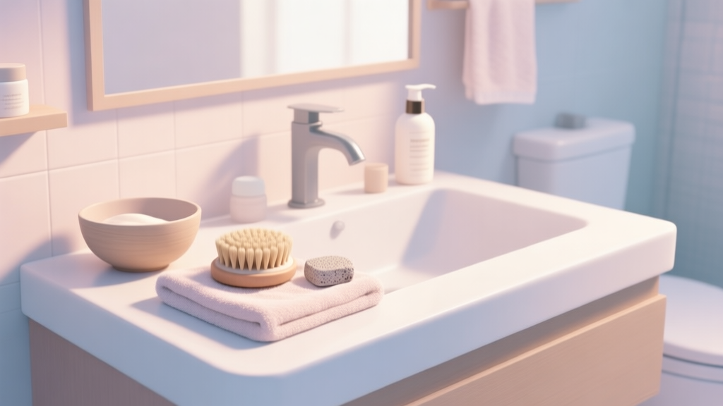 A serene, well-lit bathroom counter with a few simple skincare items like a bowl, a natural bristle brush, a pumice stone, and a bottle of lotion, arranged neatly on a soft towel, soft natural lighting, pastel color palette, minimalist and inviting composition high quality illustration, detailed, 16:9