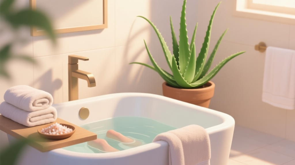 A serene, well-lit bathroom setup with a foot soak basin, soft towels, natural bath salts, and a pot of lush green aloe vera plant in the background, soft focus, warm and inviting lighting, minimalist aesthetic high quality illustration, detailed, 16:9