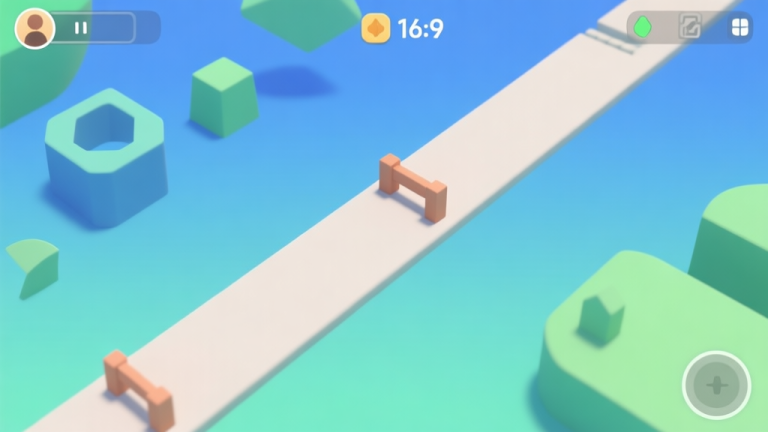 自动生成图片: A clean, minimalist 3D game interface illustration showing a simple path with obstacles, soft gradient background of blue and green, abstract geometric shapes representing game elements, top-down perspective high quality illustration, detailed, 16:9
