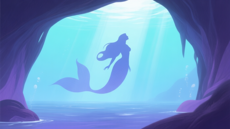 自动生成图片: A serene and mysterious underwater scene with soft light filtering from above, showing an abstract silhouette of a mermaid in a calm ocean cave, color palette of soft blues, aquamarine, and gentle purples, minimalist fantasy style high quality illustration, detailed, 16:9