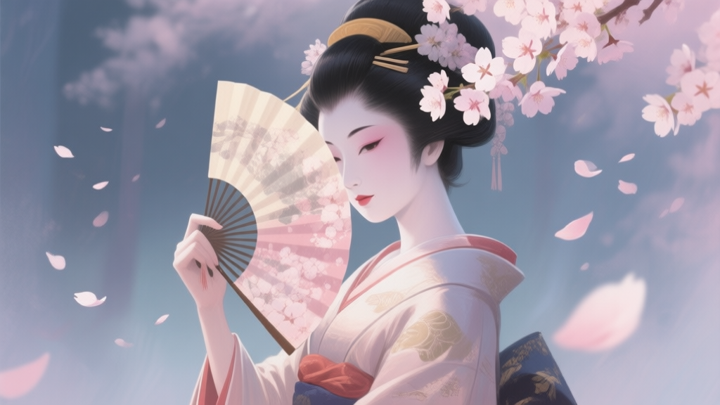 A serene and elegant digital painting of a traditional Geisha holding a fan, partially obscured by cherry blossom petals, soft pastel colors, ethereal and mysterious atmosphere, video game art style high quality illustration, detailed, 16:9
