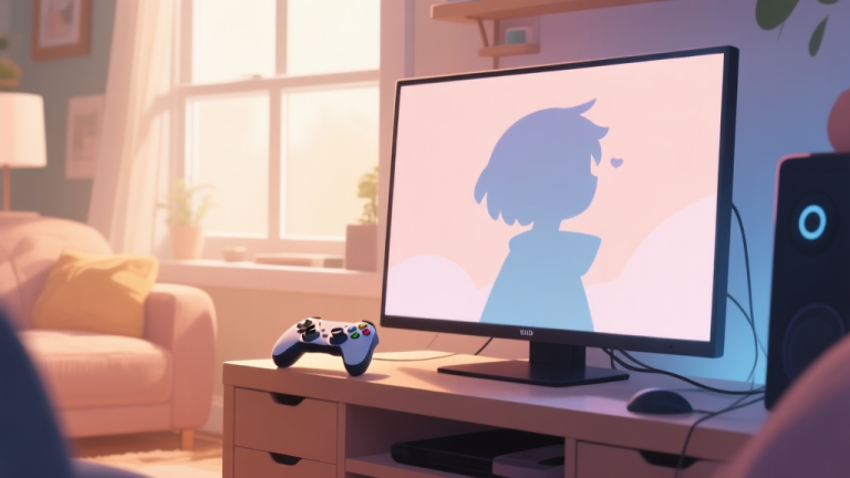 自动生成图片: A warm, inviting scene of a cozy gaming setup on a weekend afternoon, soft natural light from a window, a controller resting casually, and a screen showing a stylized, hopeful character silhouette, muted pastel color palette, serene and comforting atmosphere high quality illustration, detailed, 16:9