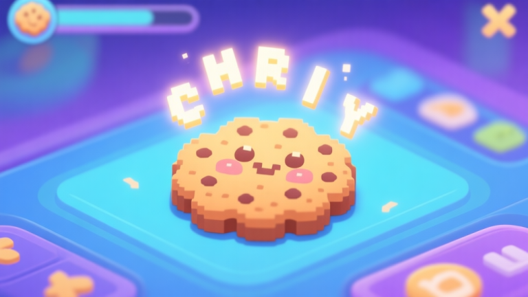 自动生成图片: A playful and inviting digital illustration of a glowing, pixelated cookie with letters floating above it, placed on a game UI background with soft blues and purples, cartoon style, clean and friendly high quality illustration, detailed, 16:9