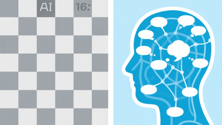 自动生成图片: A split-screen illustration showing a predictable chessboard pattern on one side (representing AI) and a dynamic, unpredictable web of moves and thought bubbles on the other (representing human players), using a soft blue and grey color scheme, clean lines, abstract representation high quality illustration, detailed, 16:9