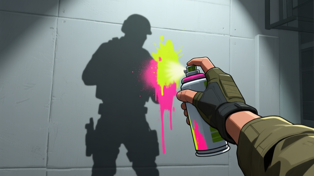 A first-person view of a tactical shooter game, showing a character's hand spraying bright, contrasting paint on a grey wall to reveal an enemy silhouette, soft lighting, focused composition high quality illustration, detailed, 16:9