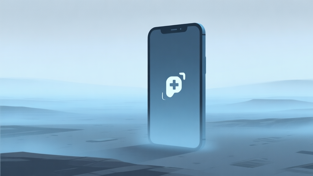 A lonely, stylized smartphone screen showing a game icon on a vast, empty digital landscape, soft misty blues and greys, conveying isolation and low visibility, minimalist illustration style high quality illustration, detailed, 16:9