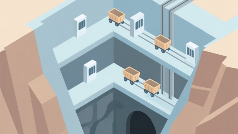 自动生成图片: A serene, minimalist isometric illustration of a multi-level mine shaft with tiny elevators and carts, using a soft color palette of blues, greys, and earthy tones, clean lines, conveying organized efficiency high quality illustration, detailed, 16:9