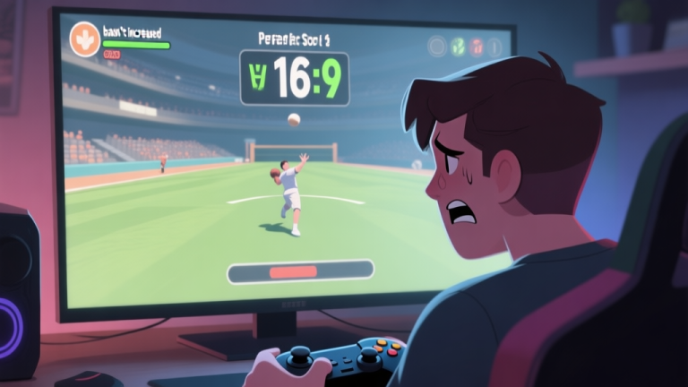 自动生成图片: A frustrated gamer looking at a game screen showing a perfect throw animation but a score counter that hasn't increased, soft lighting, muted colors, digital art style high quality illustration, detailed, 16:9