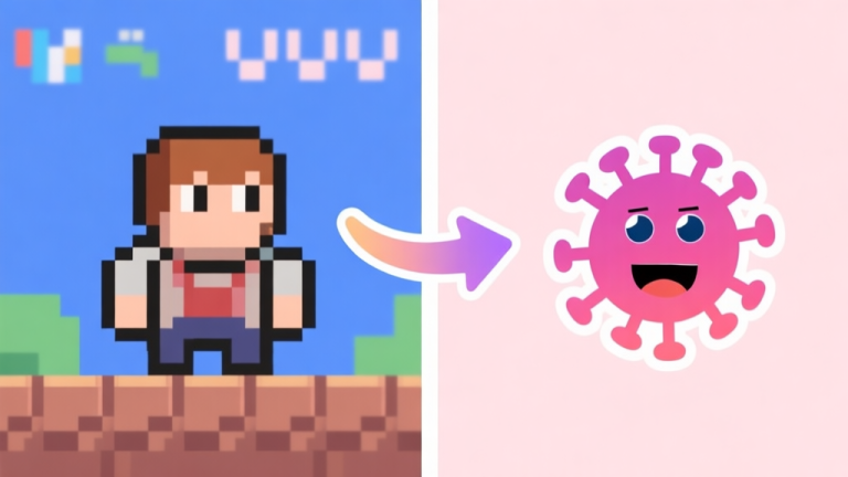 自动生成图片: A split-screen image showing a pixelated video game character on the left and a stylized, viral social media meme template on the right, connected by a flowing arrow, in a soft pastel color scheme with a clean, modern aesthetic high quality illustration, detailed, 16:9