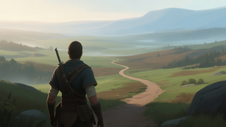 自动生成图片: A serene yet mysterious overland journey scene in a game, showing a character's back view looking at a vast landscape with a winding path, soft morning light, painted in a muted color palette of greens, browns, and blues, digital art style high quality illustration, detailed, 16:9