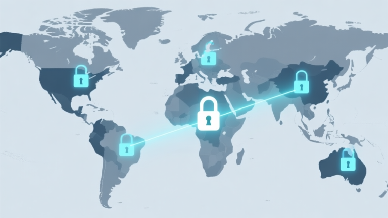 自动生成图片: A conceptual world map showing digital locks over different continents, with a glowing connection line bypassing one lock, minimalist design with soft blues and grays high quality illustration, detailed, 16:9