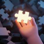 自动生成图片: A 3D render of a hand holding a single, glowing puzzle block, surrounded by a chaotic jumble of mismatched blocks in shadows, symbolizing focus on fundamentals amidst confusion, soft ambient lighting, minimalist game art style high quality illustration, detailed, 16:9