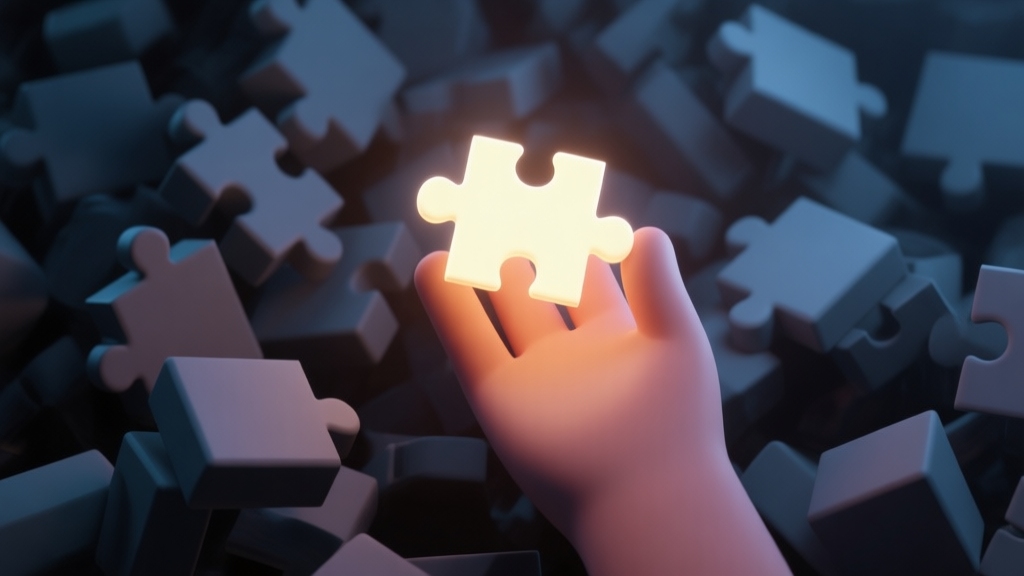 A 3D render of a hand holding a single, glowing puzzle block, surrounded by a chaotic jumble of mismatched blocks in shadows, symbolizing focus on fundamentals amidst confusion, soft ambient lighting, minimalist game art style high quality illustration, detailed, 16:9