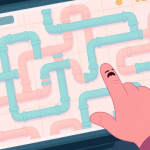 自动生成图片: A top-down view of a complex pipe puzzle grid with multiple dead ends and tangled connections, soft pastel colors for the pipes, a frustrated hand hovering over the screen, clean game UI style high quality illustration, detailed, 16:9