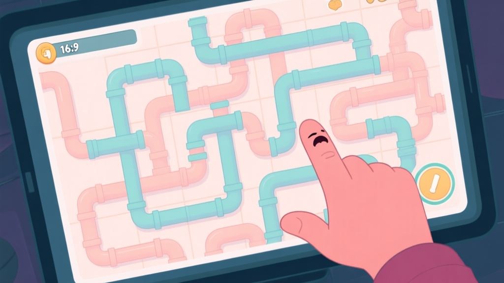 A top-down view of a complex pipe puzzle grid with multiple dead ends and tangled connections, soft pastel colors for the pipes, a frustrated hand hovering over the screen, clean game UI style high quality illustration, detailed, 16:9