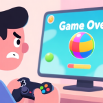 自动生成图片: A frustrated mobile gamer looking at a screen showing a colorful ball game with "Game Over" text, soft pastel background, cartoonish style, clean lines high quality illustration, detailed, 16:9