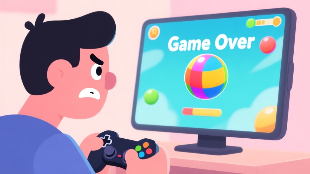 A frustrated mobile gamer looking at a screen showing a colorful ball game with "Game Over" text, soft pastel background, cartoonish style, clean lines high quality illustration, detailed, 16:9