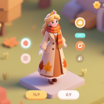 自动生成图片: A stylized, isometric view of a video game character customization screen, showing a princess character wearing an elegant autumn-themed coat and scarf, with stats and icons floating beside her, soft warm color palette, clean UI design high quality illustration, detailed, 16:9