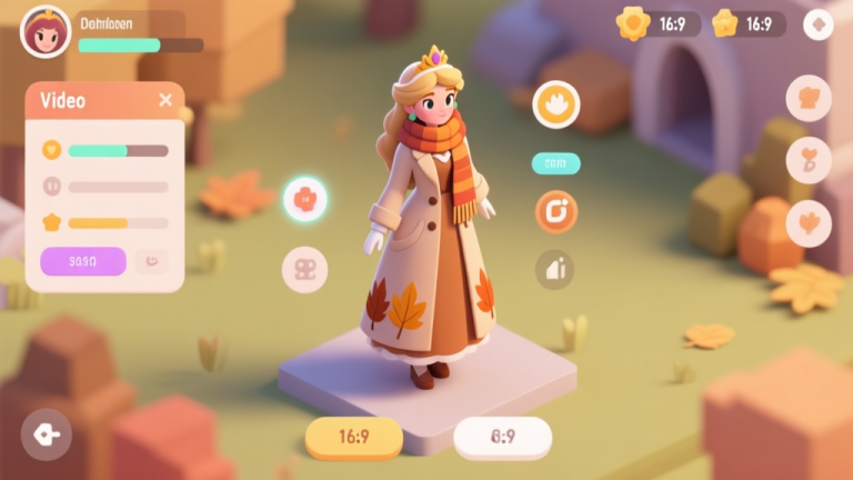 自动生成图片: A stylized, isometric view of a video game character customization screen, showing a princess character wearing an elegant autumn-themed coat and scarf, with stats and icons floating beside her, soft warm color palette, clean UI design high quality illustration, detailed, 16:9