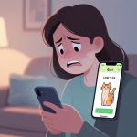 自动生成图片: A frustrated person looking at a mobile phone screen showing a cat quiz with a low score, in a cozy home setting, soft lighting, muted colors, digital illustration style high quality illustration, detailed, 16:9