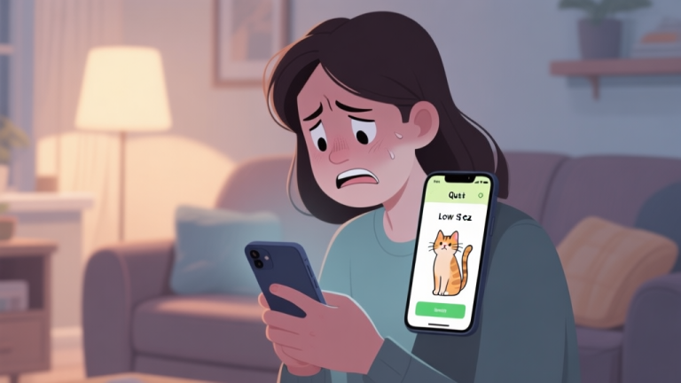 自动生成图片: A frustrated person looking at a mobile phone screen showing a cat quiz with a low score, in a cozy home setting, soft lighting, muted colors, digital illustration style high quality illustration, detailed, 16:9